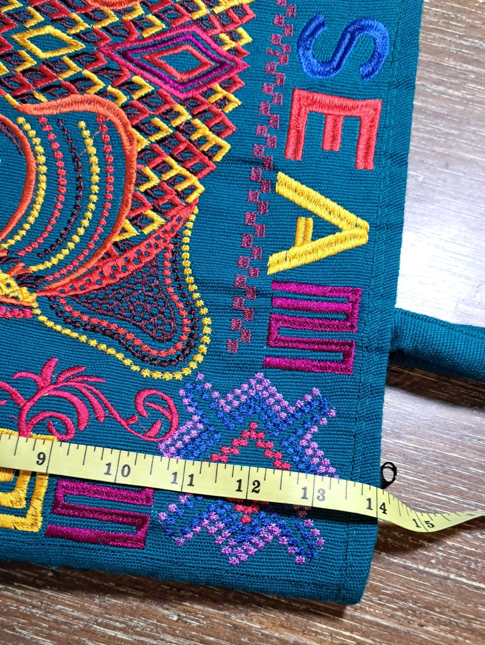 Teal Embroidered Tiger Tote Bag Colorful Tribal Top Zipper Two Back Compartment - Picture 11 of 14
